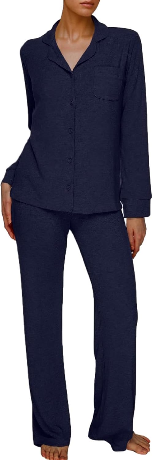 Women's Pajamas Set Long Sleeve Button Down Ribbed Knit 2 Piece Sleep Sets Loungewear Soft Pjs