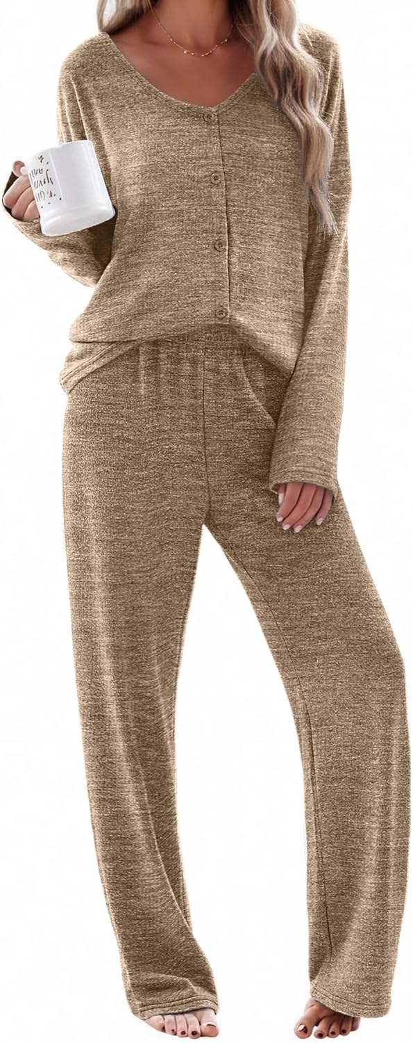 Womens Pajama Sets Button Up Long Sleeve Pjs Soft Lounge Set 2 Piece Sleepwear with Pockets