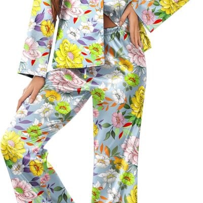 Silk Satin Pajamas Set Womens Long Sleepwear Button Down 2 Piece Classic Soft Loungewear Pjs Set